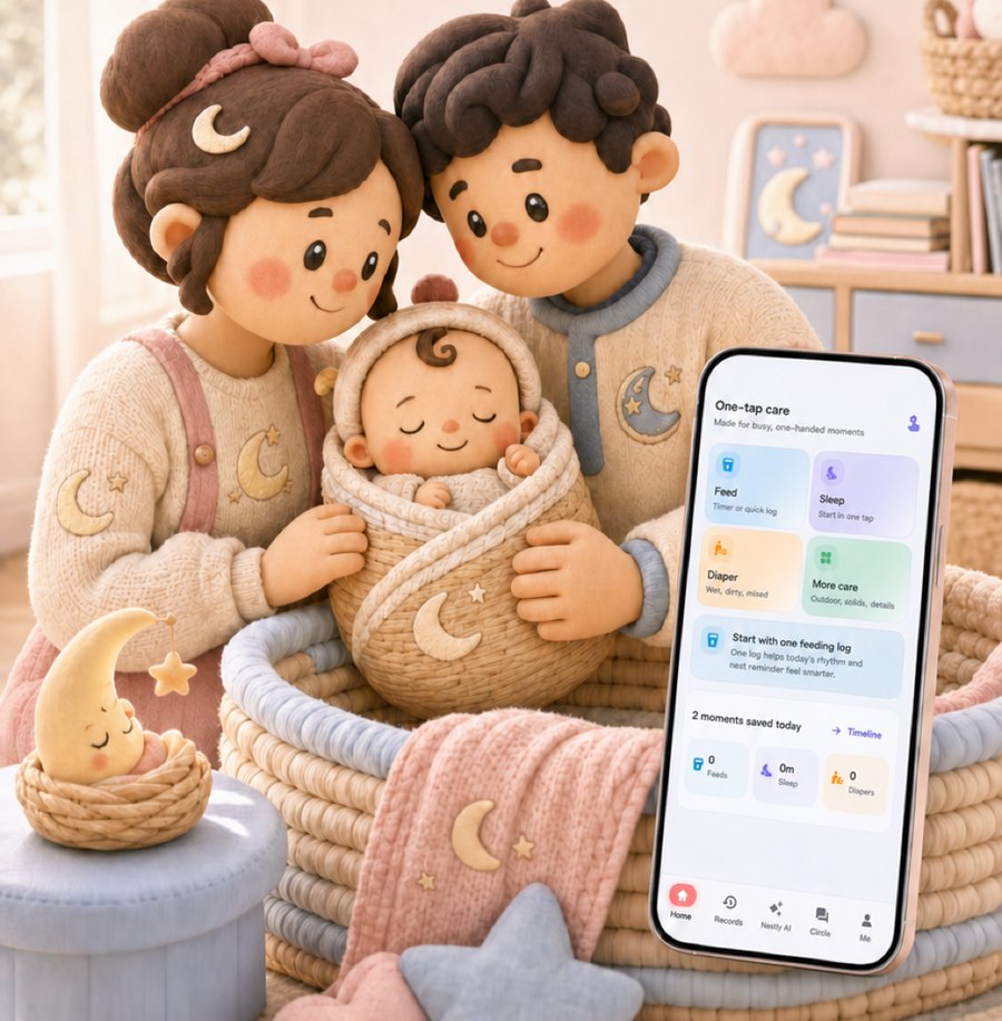 Warm original illustration of a family caring for their sleeping baby